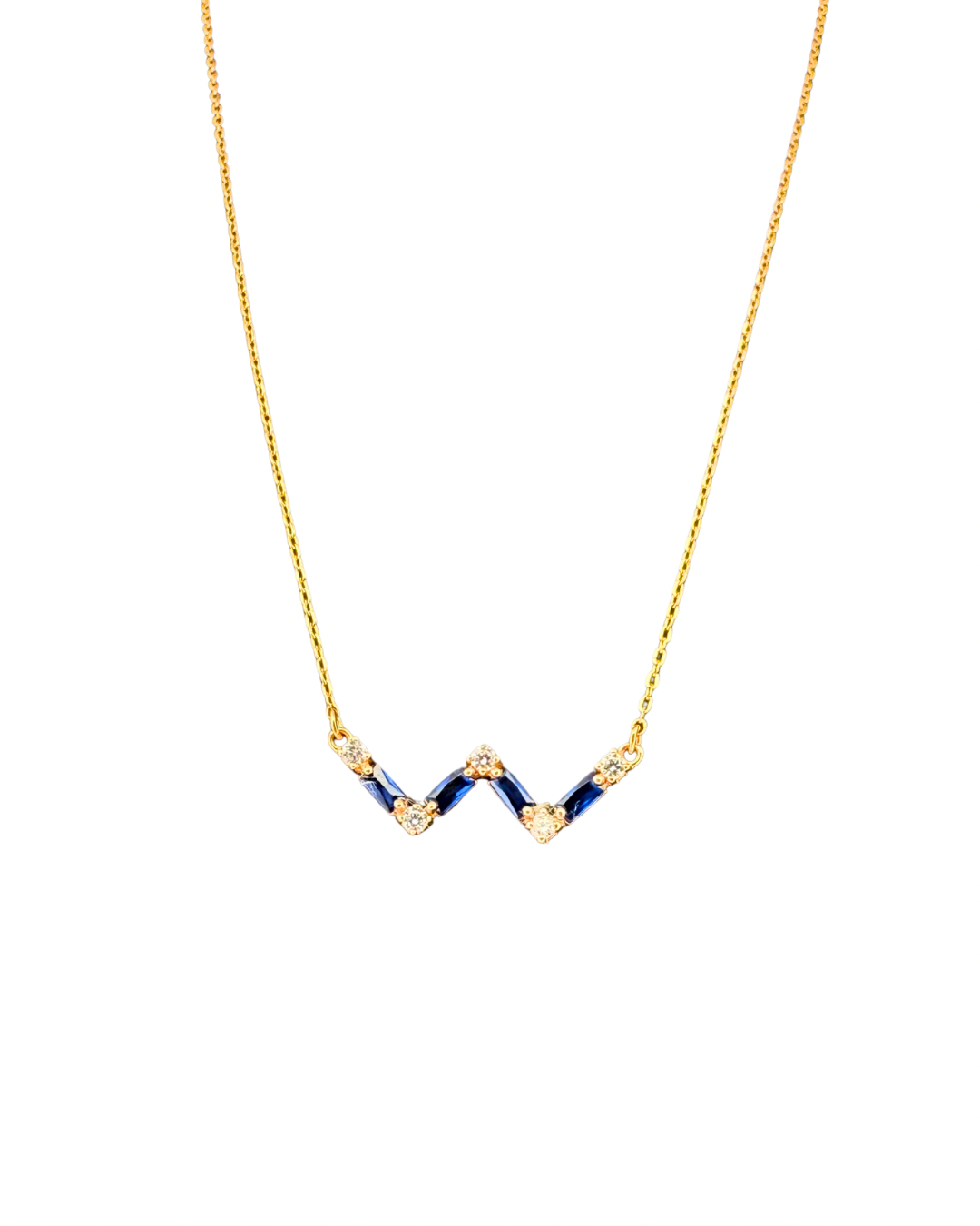 Feine Halskette aus 18k Gelbgold mit W-förmigem Cassiopeia-Anhänger in Blau – 41.5 cm Länge