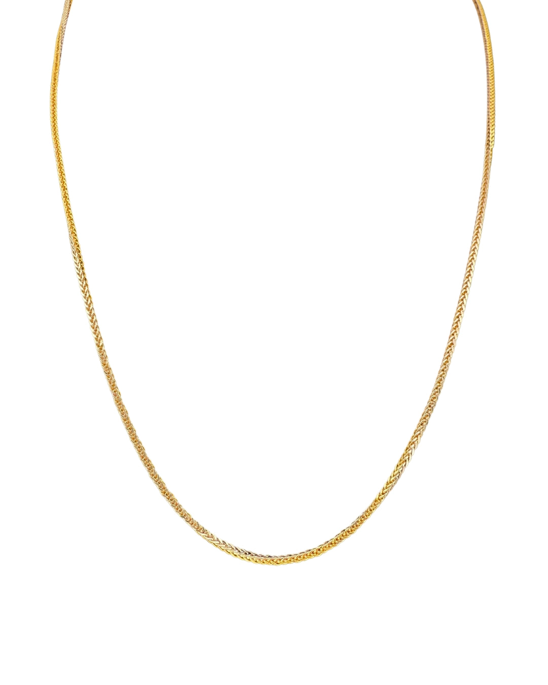 Halskette Gelbgold & Weissgold 18k – Zanjir-e Miro-ye Zarif-e Dorang (Filigrane zweifarbige Mirokette) in voller Länge, schimmernd und fein verwebt dargestellt