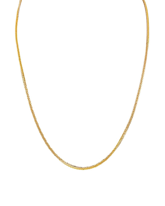 Halskette Gelbgold & Weissgold 18k – Zanjir-e Miro-ye Zarif-e Dorang (Filigrane zweifarbige Mirokette) in voller Länge, schimmernd und fein verwebt dargestellt