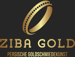 Ziba Gold Logo: goldene Schrift auf schwarzem Hintergrund, Goldring mit schwarzen Pünktchen, darunter ‚Ziba Gold‘ und ‚Persische Goldschmiedekunst‘.